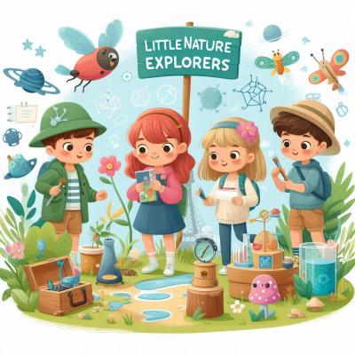 An illustration of a group of children, both boys and girls, engaging in outdoor STEM activities. They are exploring nature, using magnifying glasses, and having fun. The background features trees, plants, and a bright, sunny sky.