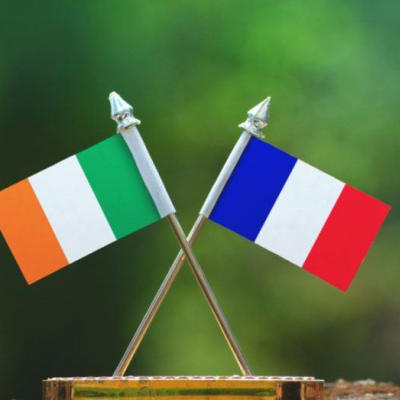 Intertwined Irish and French flags on a background of green. 