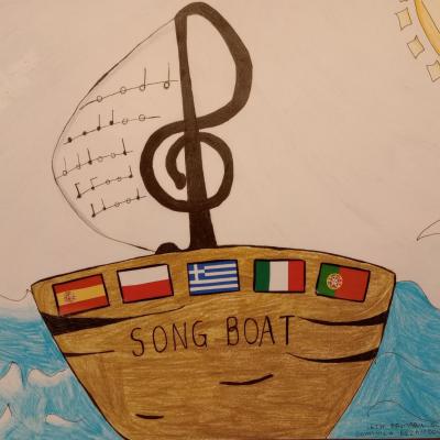 The picture was painted by a Greek 5th grade student. It shows a boat in the sea that has a treble clef for a mast and on the sail there are music notes. On the boat there are the flags of Spain, Poland, Greece, Italy and Portugal and the name, SONG BOAT.
