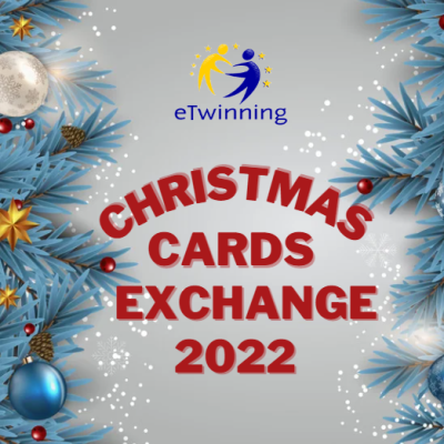 eTwinning logo on top, in the middle, the title of the project Christmas cards exchange 2022. in the background, along the left and right edges of the picture, a pine branch decorated with decorations..