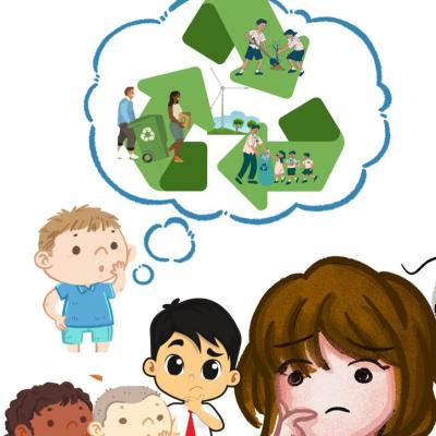 There are children who are thinking about the recycling pictures.In pictures people do some recycling activities in nature.