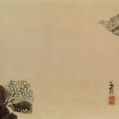 Japanese black ink drawing with bird and flower, including written poem in Japanese hieroglyphs.