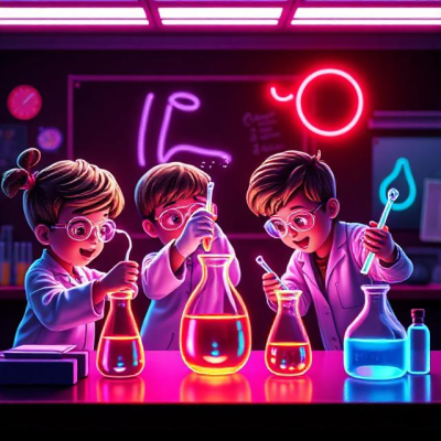 Three excited students in a science laboratory dressed as little scientists performing simple experiments