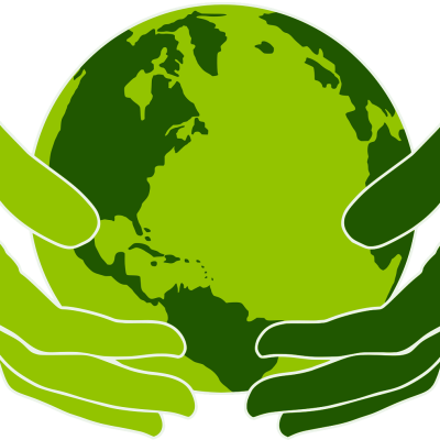 L'image représente la planète prise avec délicatesse entre les mains de deux personnes différentes. Le vert - décliné dans différentes nuance - est la couleur choisie.