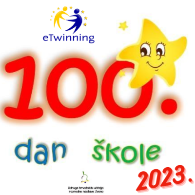 eTwinning logo on top, in the middle, the title of the project and number 100, logo of association at the bottom