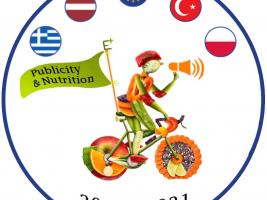 The projects's logo depicts a bike-rider who announces something through a bullhorn. The bike and rider are made of various vegetables and fruits while at the back of the bike there is a flag with the phrase "Publicity and Nutrition" (the project's logo) on it. Apart from that, there are 5 flags on the top of the picture: the 4 partner flags and the EU flag. Finally, at the bottom, the initially-planned years of the project's implementation are shown. 