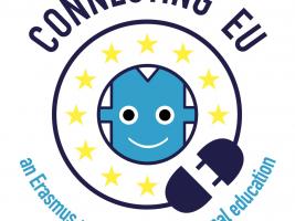 The Connecting EU project logo featuring a blue character named "Robin" and the text "Connecting EU: an Erasmus+ project for vocational education".
