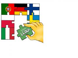 puzzles with flags of Portugal, Germany,Finland,Sweden, Italy, Poland and a hand inserting the last puzzle with the inscription'LEAD'  