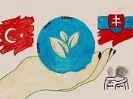 The picture shows a hand holding our globe, which means that humans must protect it. Next to the hand with the globe are two children holding each other's shoulders - this means cooperation between the 2 project countries/schools and between the pupils. On the sides of the hand with the globe are the flags of both participating countries - Turkey and Slovakia. The picture was drawn by a girl involved in the project.