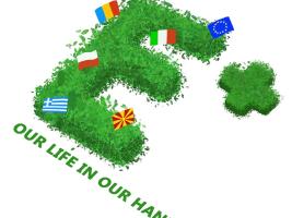 Green letter "E plus" made of leaves, flags of partner countries stuck in it: Poland, Romania, North Macedonia, Greece and Italy. The letter is accompanied by the inscription: Our life in our hands.