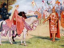 Lang, Andrew (1902). The Book Of Romance: with numerous illustration by H.J. Ford. London : Longmans, Green and Co. image: "Lancelot brings Guenevere to Arthur".