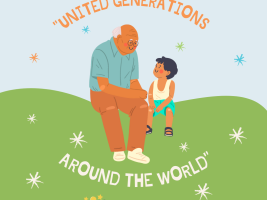 An elderly person and a child look at each other and the project title: "United generations around the world" and the eTwinning logo appear.