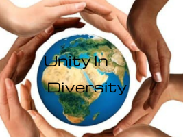 This image is a powerful representation of unity in diversity. It features a group of hands gathered around a globe, symbolizing global solidarity and cooperation. The hands appear to be of different colors, further emphasizing the theme of diversity. The globe they're holding could be interpreted as a map, implying a global perspective or worldwide concern. The dominant colors in the image are brown and white, suggesting a warm and clean aesthetic. The phrase "Unity In Diversity" is prominently displayed.