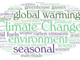 A word cloud consists of words like climate change, global warming corbon emissions, greenhouse gasses,man-made, seasonal