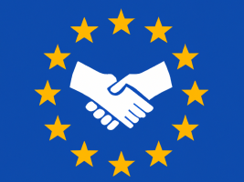 Shaking hands inside the flag of Europe.