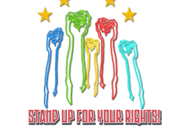 Hands up of the 5 member coutries, the stars of the European union and the title of the project - stand up for your rights. united we can!