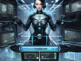 A futuristic woman controlling computers around her.