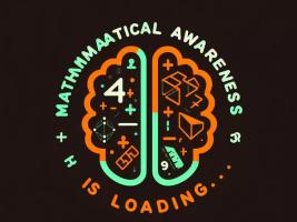 A brain with mathematical symbols on the left lobe and geometric symbols on the right lobe. Mathematical awareness is loading is written around it. orange and green colors are used.