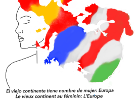 La imagen representa el perfil de una mujer. Su pelo es la silueta del mapa de Europa, con los colores de los tres países participantes: España, Francia e Italia