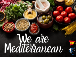 Ingredients of Mediterranean diet on a black backround with the title of the project  "We are Mediterranean"