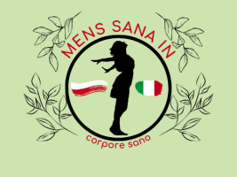 Il logo ha uno sfondo verde chiaro, un cerchio nel mezzo che contiene una donna che si stira, le bandiere italiana e polacca. Intorno al cerchio ci sono dei fogli di ulivo. 