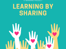Hands up with hearts on the palm and the text: eTwinning project Learning by sharing