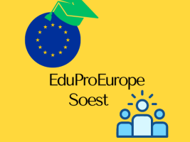Akademikerhut auf Kreis mit den Europa-Sternen, Titel des eTwinning-Projekts sowie drei skizzierte Personen