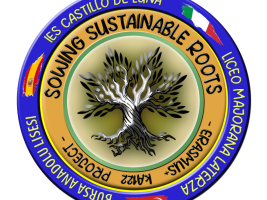 The logo consists of a circular design. In the center of the circle is a growing plant, with strong and healthy roots. The roots are intertwined and form an intricate pattern. The plant rises upward and unfolds into vibrant green leaves. The leaves also form a kind of canopy or shade. At the top of the circle is the text "Sowing Sustainable Roots" in a modern, readable font. The text color is dark green. For the color of the logo, it is recommended to use green and brown tones. 