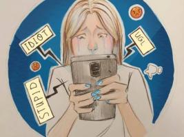 The logo shows the effects of cyberbullying on a teenage girl by reading messages received on her mobile phone.