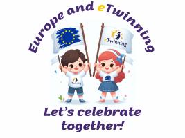 the image represents 2 children holding 2 flags of the UE and eTwinning