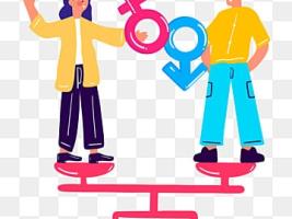 a woman and a man standing on a scale holding gender symbols