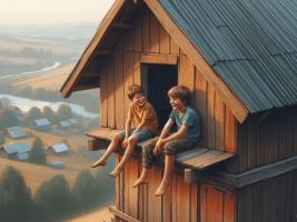 In the picture we see a wooden house standing on a mountain top - in the background a beautiful landscape. Two boys are sitting on a bench under the upstairs window of the house, dangling their legs and having a good time, being cheerful.