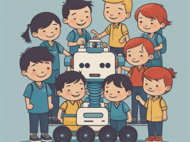 Kids coding together with a robot