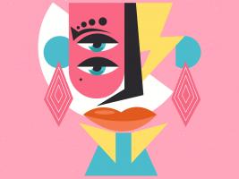 stylized woman's face, eyes are placed one above the other on the left side, two tribal earrings, red lips, vivid colors