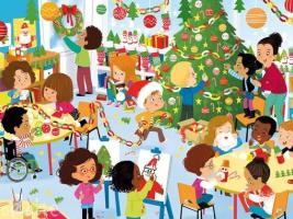 A class full of children with the teacher working on making Christmas decorations, greetings, pictures, reading... They decorate the tree and their class.