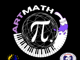 Our logo is designed as the Pi number symbol on a world globe formed with circles, and the piano keys around the globe are painted purple with a paintbrush, the keys end in one place and combine with the words art and mathematics.