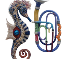 zero waste: recycled 2D sea horse with recycled a musical instrument