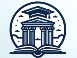 a logo with a book and pillars and a graduation hat.