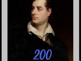 A portrait of Lord Byron and the number "200" in blue letters