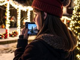 A teenager is taking a photo of Christmas decorations.