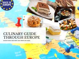 The image represents the cover of the guide, the title is "Culinary Guide through Europe", subtitle "discover dishes from Europe their terroir and History" and it's decorated with images of food specialties from all over Europe