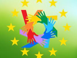 The thumbnail represents hands of different colours joined. They are circled with the European stars. The background is a gradation from green to light blue