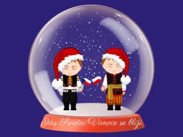 Zdjęcie przedstawia postacie z Polski oraz Czech w świątecznych czapeczkach