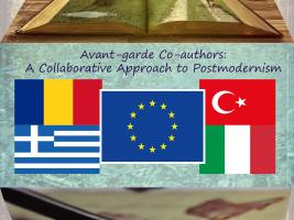 Turkish and Italian flags on the right, Romanian and Greek flags on the left side, the EU flag in the middle of the page. Above these flags, there is the project title which reads Avant-garde Co-authors: A Collaborative Approach to Postmodernism