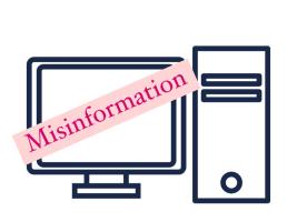 a desktop computer with a label on it, saying ,,misinformation”