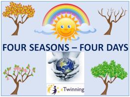 A picture with a trees shape during the four seasons, a rainbow and the sun, and hands holding the earth.