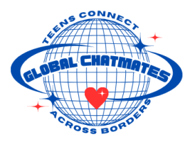 A globe diagram in blue with a red heart in the middle, on white background. In the middle of the globe in bold blue letters the title of the project "Global Chatmates". Above the globe "Teens connect" and below "across borders".