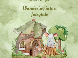 A mouse sitting on a tree trunk in front of the little wooden fairytale-like cottage, next to a tree