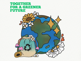 Zajedno za zeleniju budućnost! Fotografija prikazuje planet Zemlju u cvijeću, razvrstanom otpadu u vreći na kojoj se nalazi znak recikliranja.