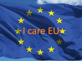 The European flag with the words "I care EU".